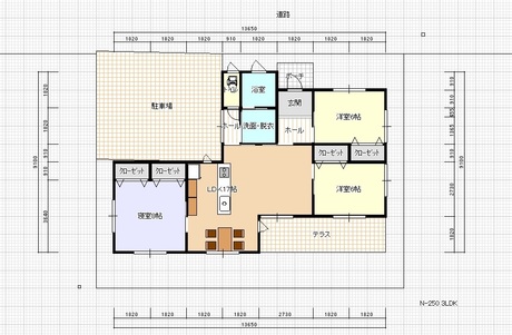 北面道路の平屋間取り N-250 3LDK.jpg